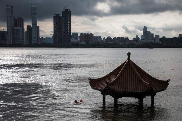 The flood inundated the pavilion beside Yangtze River on July 6, 2020 in Wuhan, Hubei Province, China. (Getty Images)