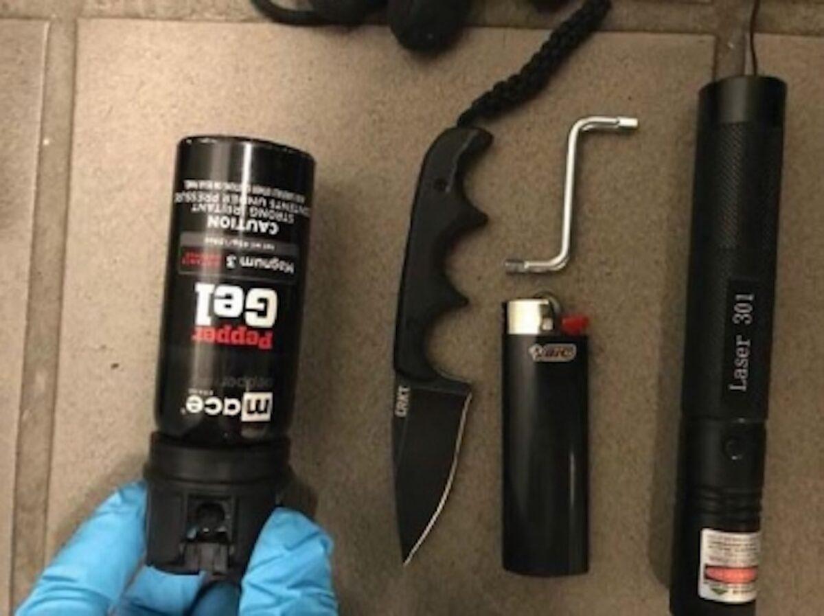Possessions seized from 31-year-old Christopher Fellini, who is charged with assaulting federal officers amid protests in Portland on July 5-6, 2020. (Photo via Department of Justice)