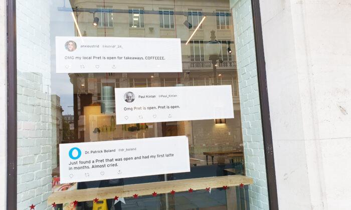 Twitter messages are seen on a restaurant as it gets creative to boost its image after over two months of lockdown, in London, England, on June 4, 2020. (Lily Zhou/Epoch Times)