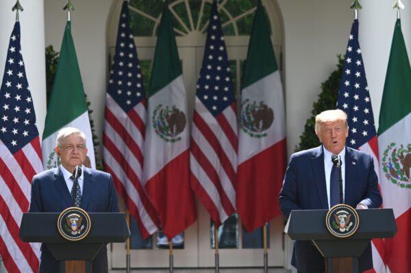President Donald Trump and Mexican President Andrés Manuel López Obrador hold a joint press conference in the Rose Garden of the White House on July 8, 2020. (JIM WATSON/AFP via Getty Images)