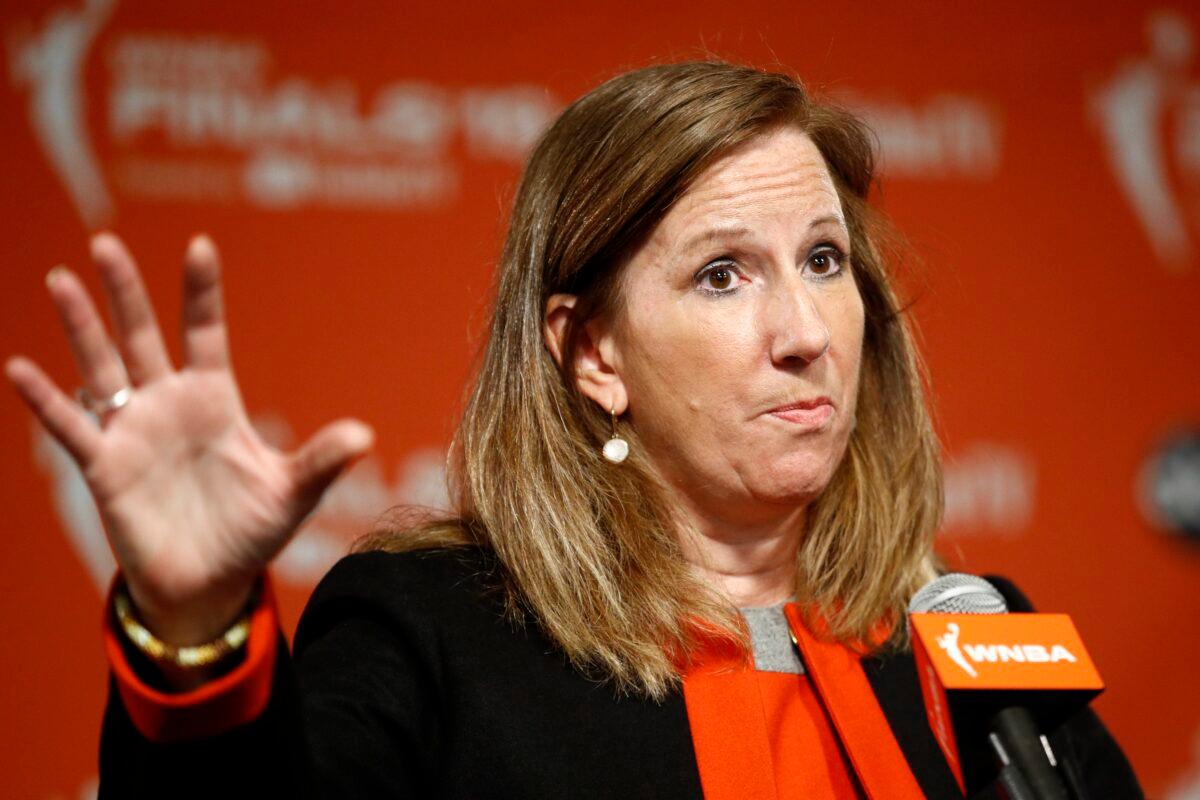 WNBA Commissioner Cathy Engelbert speaks at a news conference in Washington on Sept. 29, 2019. (Patrick Semansky/AP Photo)