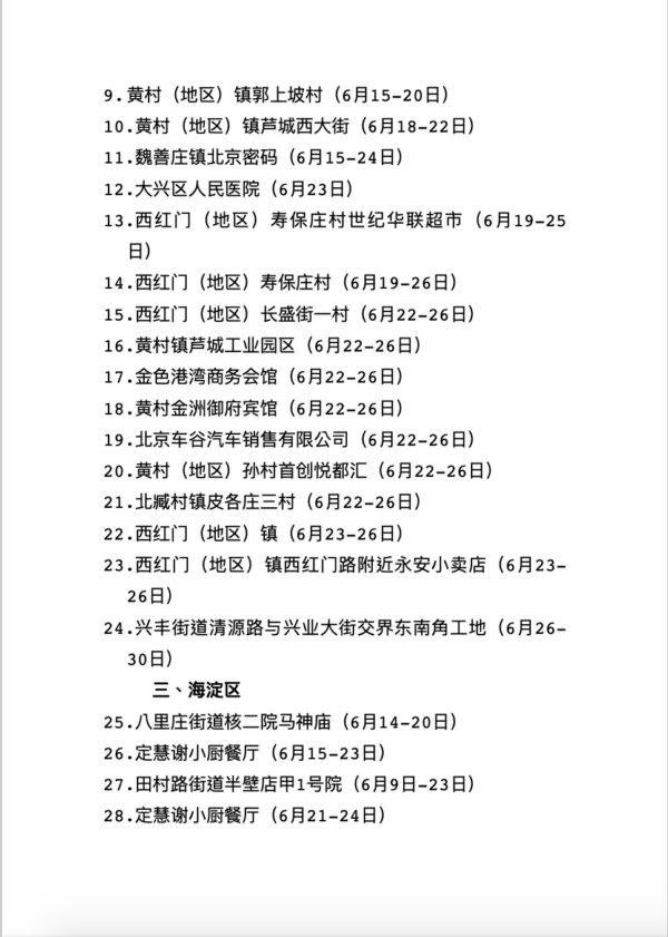The second page of a Beijing government list of locations for mandatory disinfecting and COVID-19 testing, including areas of Daxing district. (Provided to The Epoch Times)