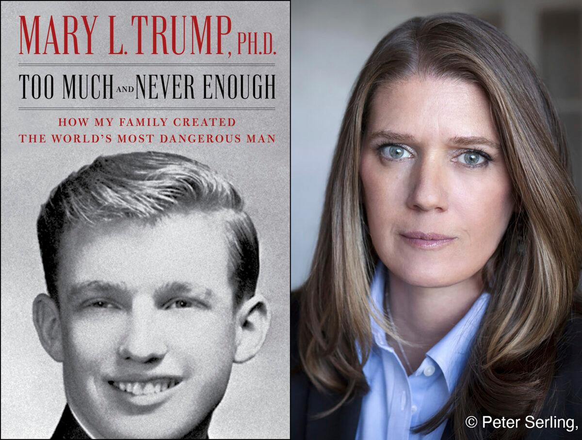 This combination photo shows the cover art for "Too Much and Never Enough: How My Family Created the World’s Most Dangerous Man", left, and a portrait of author Mary Trump. (Simon & Schuster, left, and Peter Serling/Simon & Schuster via AP)