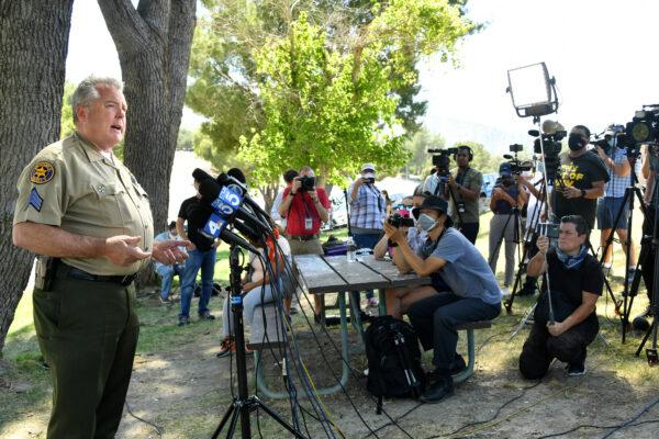 Sergeant Kevin Donoghue of the Ventura County Sheriff’s Department speaks during a press conference at Lake Piru, where actress Naya Rivera was reported missing, in Piru, Calif., on July 9, 2020. (Amy Sussman/Getty Images)