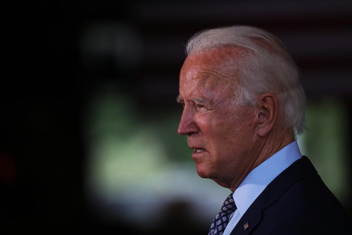 Presumptive Democratic presidential nominee Joe Biden speaks at McGregor Industries in Dunmore, Penn. on July 9, 2020. (Spencer Platt/Getty Images)