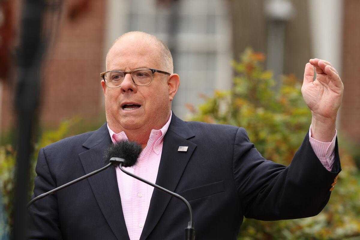 Maryland Gov. Larry Hogan talks to reporters during a news briefing in Annapolis, Md., on April 17, 2020. (Chip Somodevilla/Getty Images)