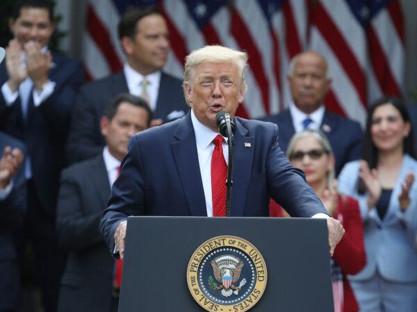 President Donald Trump speaks in the Rose Garden before signing an executive order on the White House Hispanic Prosperity Initiative in Washington, on July 9, 2020. (Win McNamee/Getty Images)