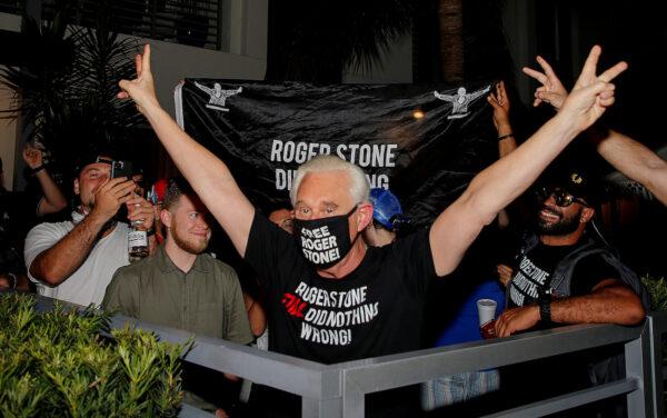 Roger Stone reacts after Trump commuted his federal prison sentence, outside his home in Fort Lauderdale, Florida, on July 10, 2020. (Reuters/Joe Skipper/TPX IMAGES OF THE DAY)