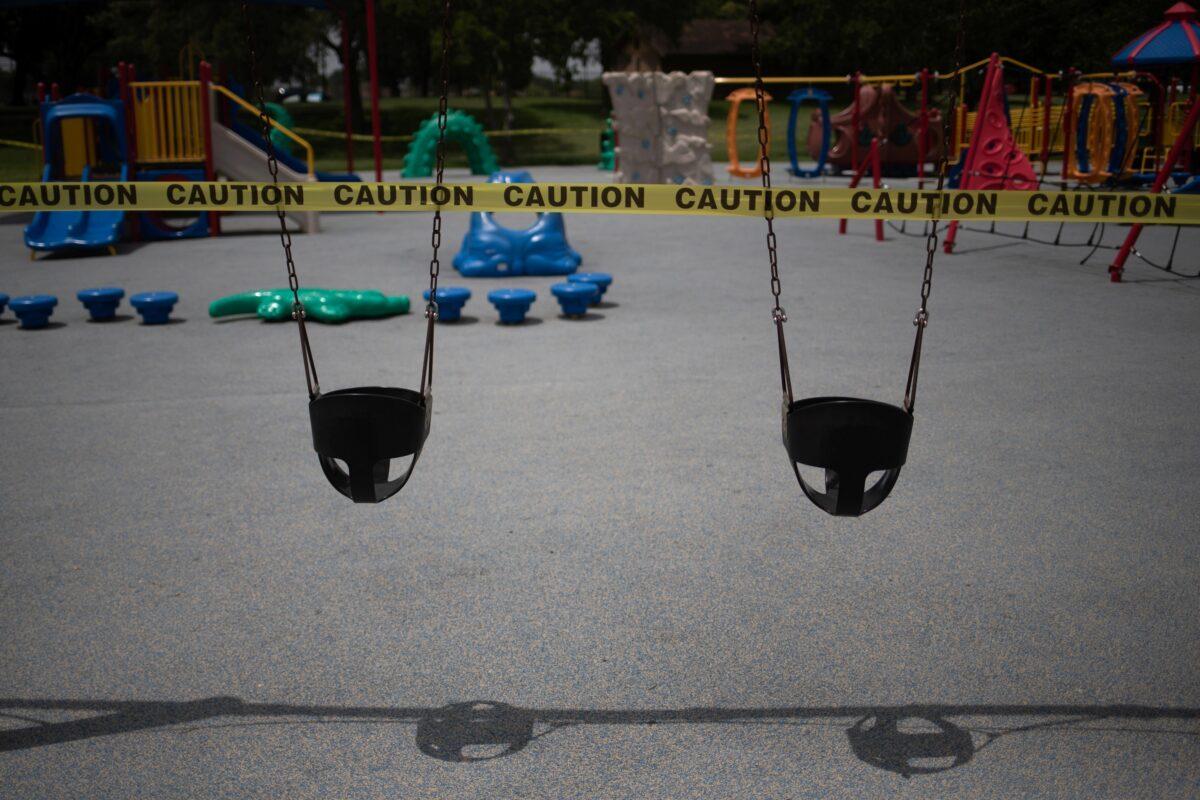 An empty playground is surrounded by caution tape amid the global outbreak of the CCP virus in Seabrook, Texas on July 8, 2020. (Adrees Latif/Reuters)