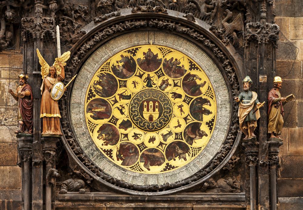 The calendar plate below the clock features a church calendar with holidays and the names of 365 saints. (Vladimir Sazonov/Shutterstock)
