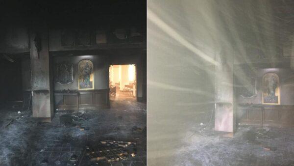 The foyer of the Queen of Peace Catholic Church in Ocala sustained damage after the incident on Saturday. (Marion County Sheriff's Office)