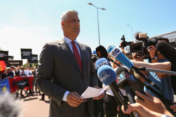 Kosovo's President Hashim Thaci speaks to the media before being interviewed by war crimes prosecutors after being indicted by a special tribunal, in The Hague, Netherlands, on July 13, 2020. (Eva Plevier/Reuters)