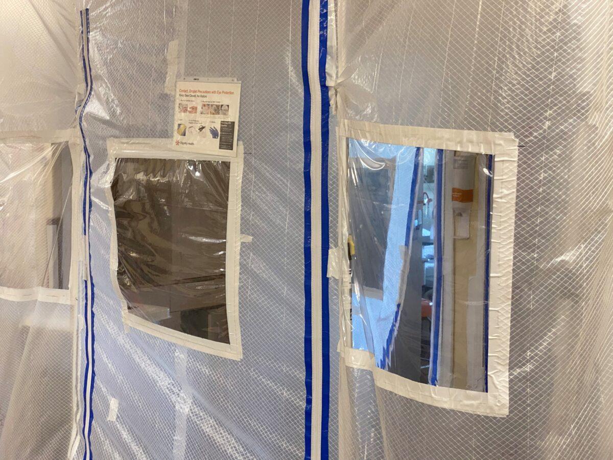 A protective screen is seen at the entrance to a negative pressure ICU hospital room, where COVID-19 patients are treated, at St. John's Regional Medical Center in Oxnard, Calif., on July 9, 2020. (Sandra Stojanovic/Reuters)