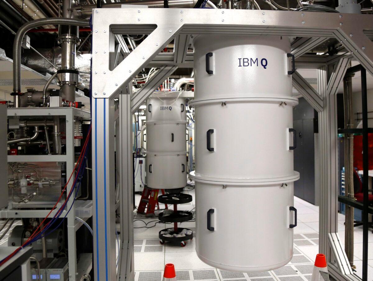 A quantum computer is encased in a refrigerator that keeps the temperature close to absolute zero in the quantum computing lab at the IBM Thomas J. Watson Research Center in Yorktown Heights, New York, on Feb. 27, 2018. (Seth Wenig/AP Photo)