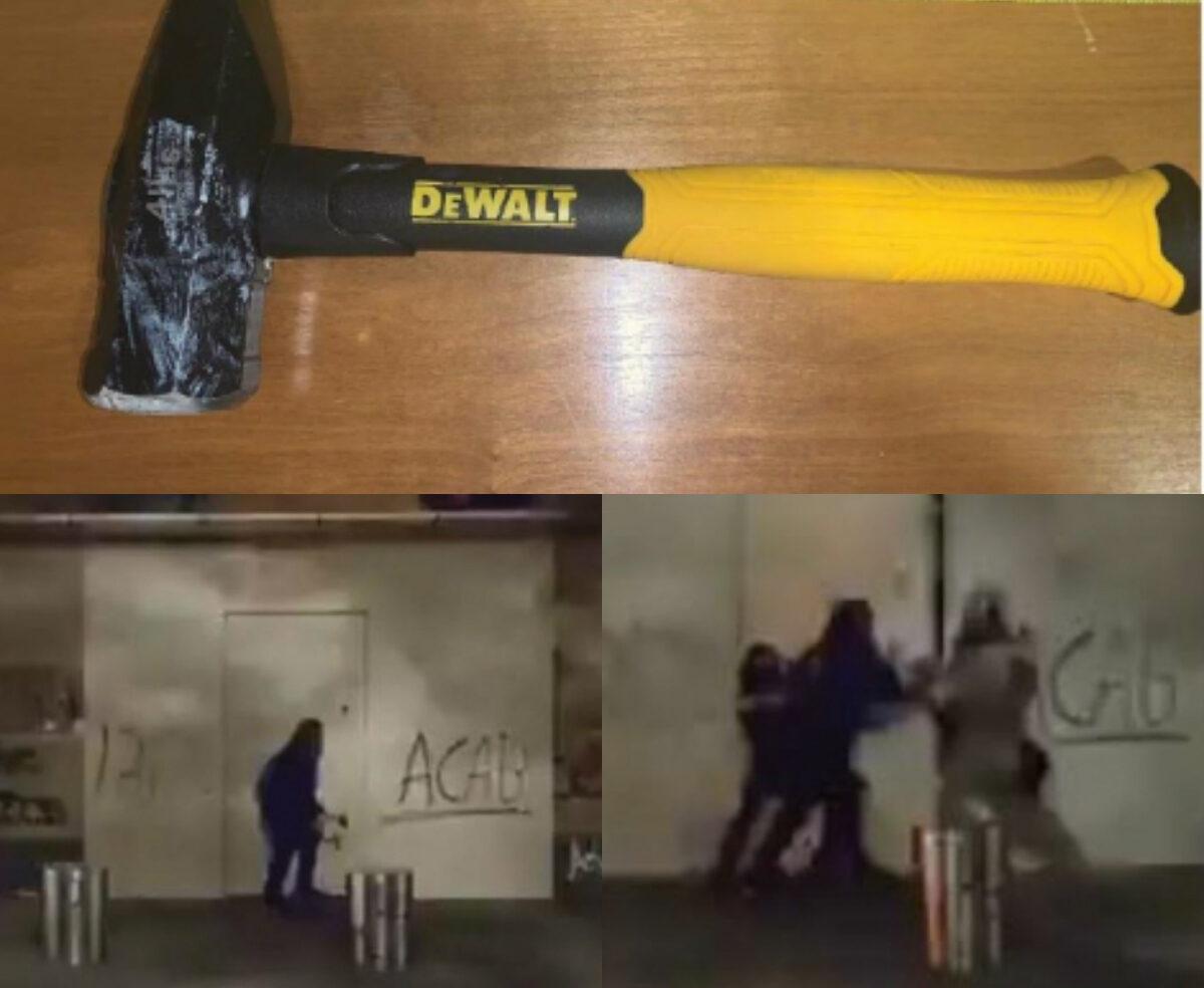 A construction hammer, top, that authorities said was used by Jacob Michael Gaines to strike a U.S. Marshal Service deputy outside the Mark O. Hatfield U.S. Courthouse in Portland, Ore., on July 11, 2020. The bottom pictures are still images from video showing the assault, authorities said. (Department of Justice)