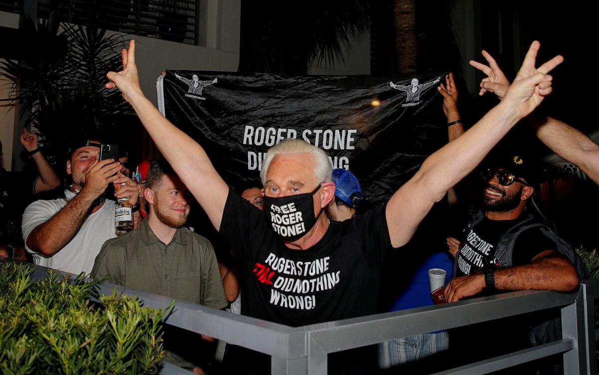 Roger Stone, a longtime friend and adviser of President Donald Trump, reacts after Trump commuted his federal prison sentence, outside his home in Fort Lauderdale, Fla., on July 10, 2020. (Joe Skipper/Reuters)