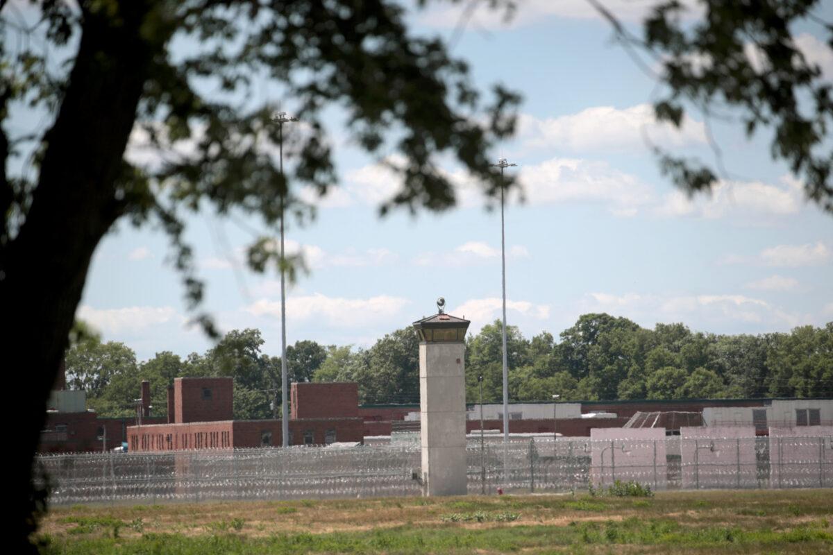 A guard tower sits along a security fence at the Federal Correctional Complex in Terre Haute, Ind., on July 13, 2020. (Scott Olson/Getty Images)