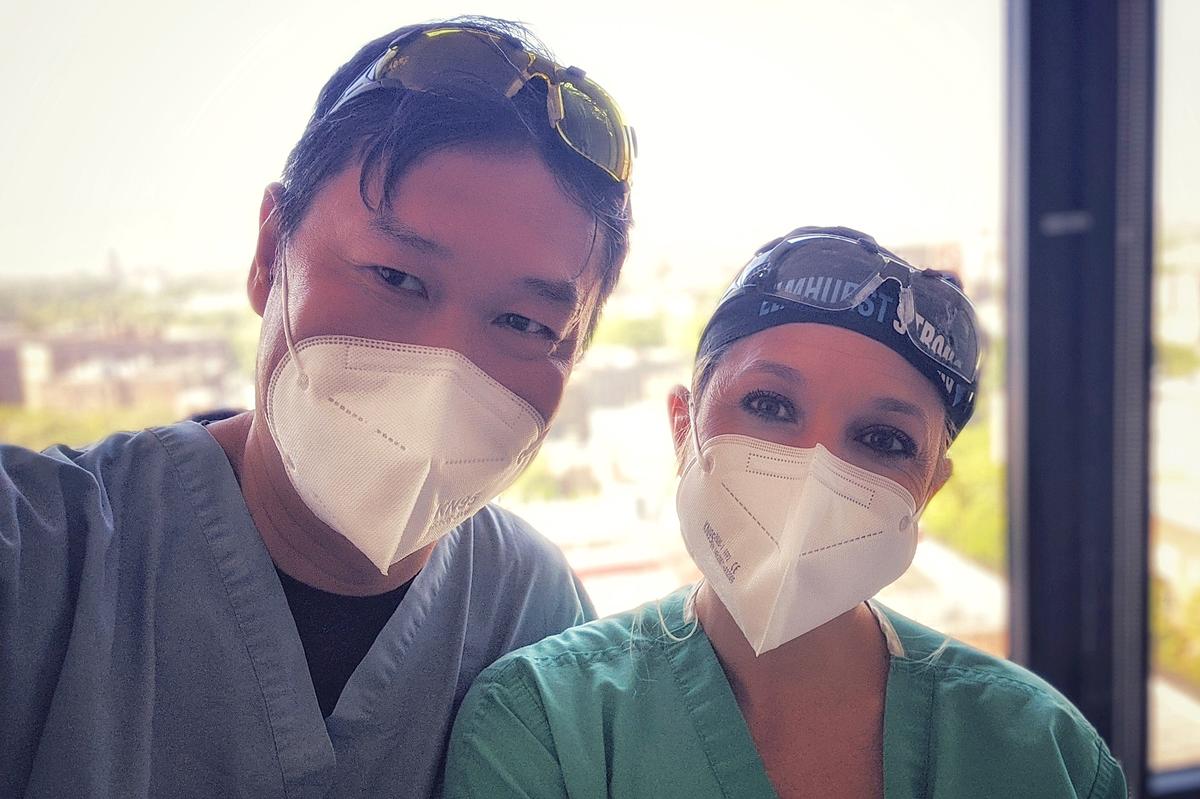 Dr. Stephanie Loe, right, with a colleague, left her home in California to spend two weeks in Queens and then two weeks in the Bronx treating coronavirus patients. (Courtesy of Vituity)