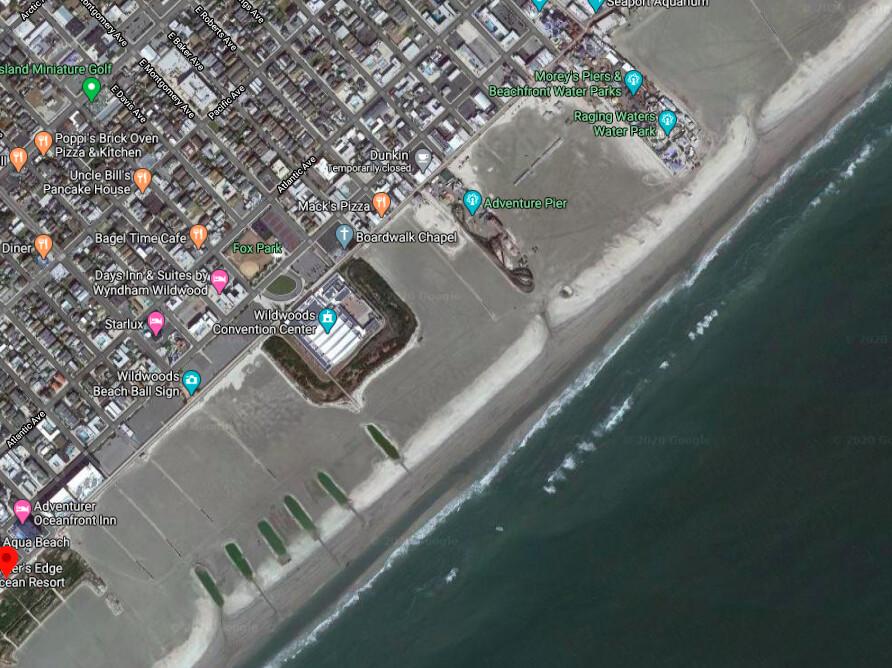 Aerial view of the beach near Baker Avenue in Wildwood, New Jersey (Screenshot/<a href="https://www.google.com/maps/place/Beach+Ave,+Wildwood,+NJ+08260/@38.9809057,-74.8182407,1465m/data=!3m1!1e3!4m5!3m4!1s0x89c0a827a9218c97:0x6bc219bac82aabc4!8m2!3d38.9766884!4d-74.8243552">Google Maps</a>)