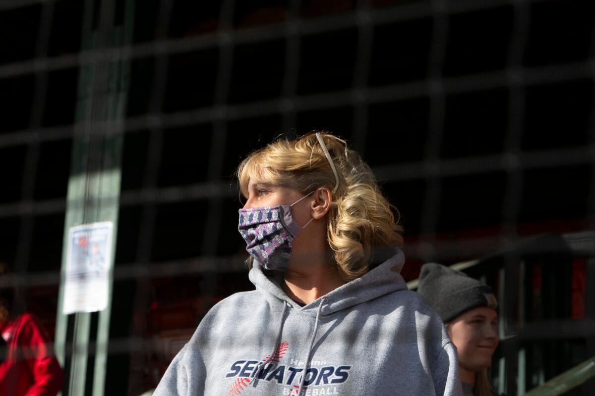 A woman wears a mask in Helena, Mont., on May 21, 2020. (Janie Osborne/Getty Images)