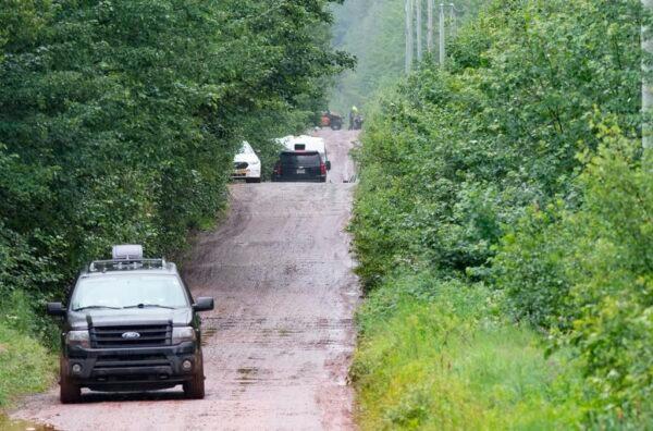 Police officers search a back road in Saint-Apollinaire, Quebec, Canada, on July 11, 2020. (Jacques Boissinot/The Canadian Press)