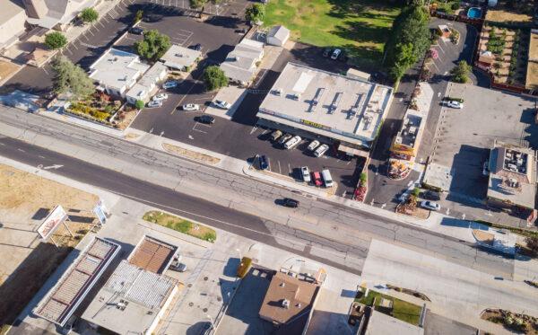An aerial view of Yucaipa Boulevard, on July 10, 2020. (John Fredricks/The Epoch Times)