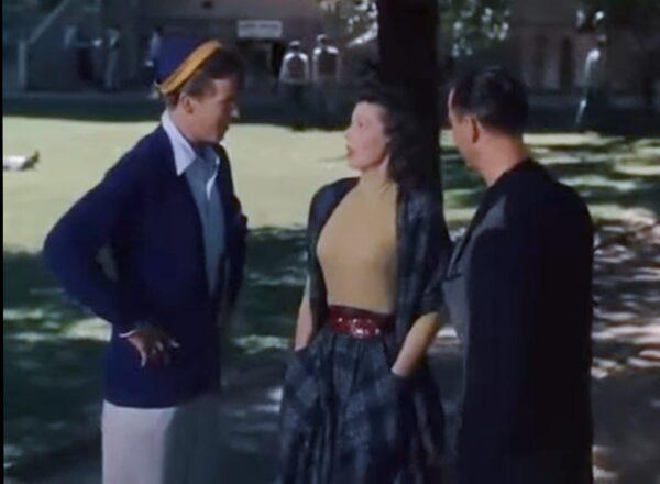 The widow Abigail Fortitude Abbott (Loretta Young) finds herself the center of attention by John Heaslip (Rudy Vallee, L) and Professor Richard Michaels (Van Johnson), in “Mother Is a Freshman.” (Twentieth Century Fox)