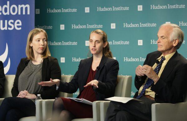 Rachelle Peterson, policy director at the National Association of Scholars, speak at a panel at Freedom House's annual event "China’s Global Challenge to Democratic Freedom" at Hudson Institute in Washington on Oct. 24, 2018. (York Du/The Epoch Times)
