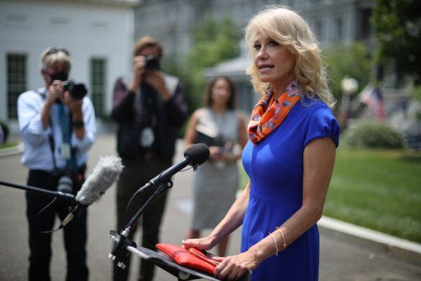 Kellyanne Conway, counselor to President Donald Trump, talks to reporters outside the White House in Washington on July 7, 2020. (Chip Somodevilla/Getty Images)