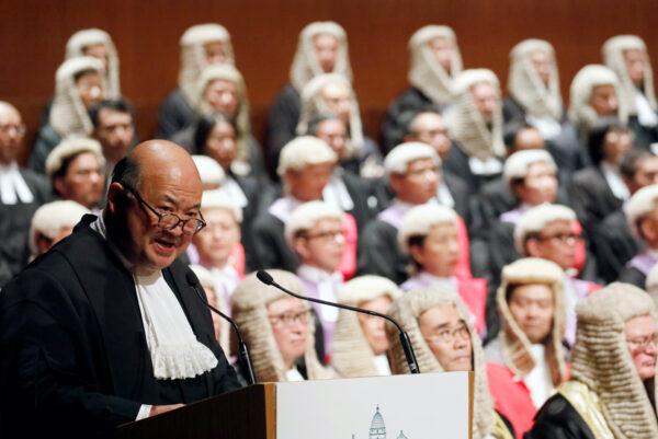 Chief Justice of the Court of Final Appeal, Geoffrey Ma Tao-li delivers a speech during the ceremonial opening of the legal year at City Hall in Hong Kong, China, on Jan. 13, 2020. (Navesh Chitrakar/Reuters)
