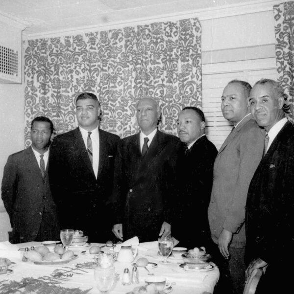 Six leaders of the nation's largest black civil rights organizations pose at the Roosevelt Hotel in New York on July 2, 1963. (L-R) John Lewis, chairman Student Non-Violent Coordinating Committee; Whitney Young national director, Urban League; A. Philip Randolph, president of the Negro American Labor Council; Dr. Martin Luther King Jr., president Southern Christian Leadership Conference; James Farmer, Congress of Racial Equality director; and Roy Wilkins, executive secretary, National Association for the Advancement of Colored People. (Harry Harris, File/AP Photo)