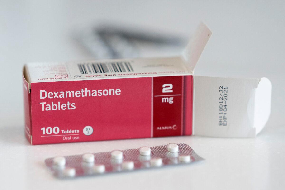 A close-up of a box of dexamethasone tablets in a pharmacy in Cardiff, United Kingdom, on June 16, 2020. (Matthew Horwood/Getty Images)