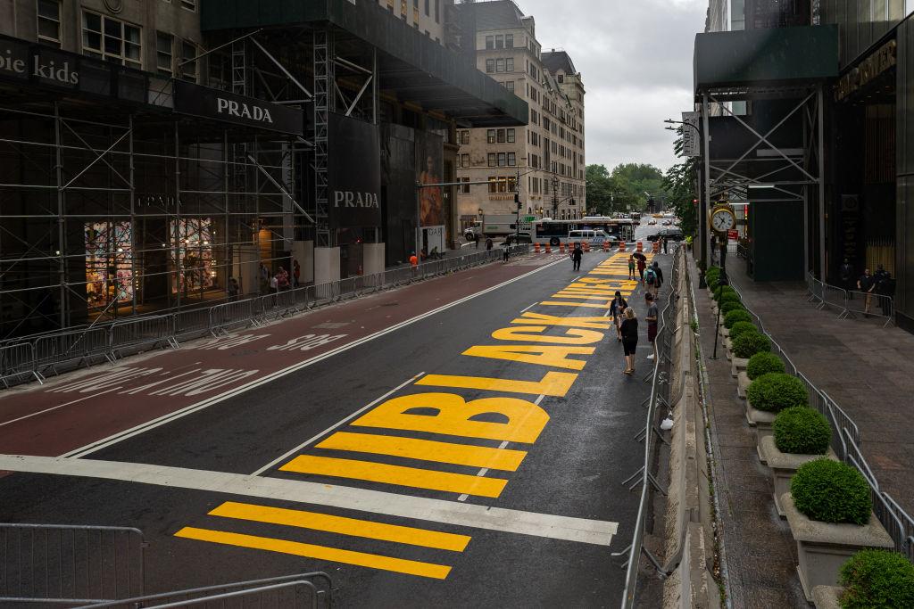 A Black lives Matter mural that was painted on 5th Avenue is seen directly in front of Trump Tower in New York City on July 10, 2020. (David Dee Delgado/Getty Images)