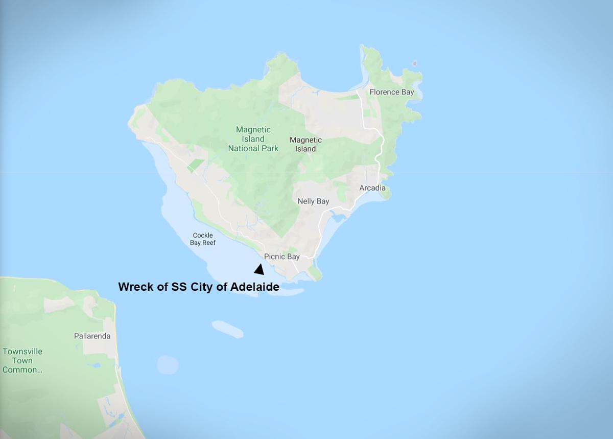 SS City of Adelaide shipwreck at Magnetic Island in northeast Australia (Screenshot/<a href="https://www.google.com/maps/place/Magnetic+Island/@-19.1626722,146.8154152,12z/data=!4m5!3m4!1s0x697e06a99d9ea501:0x9f8c653123cdecaa!8m2!3d-19.1385305!4d146.8338546">Google Maps</a>)