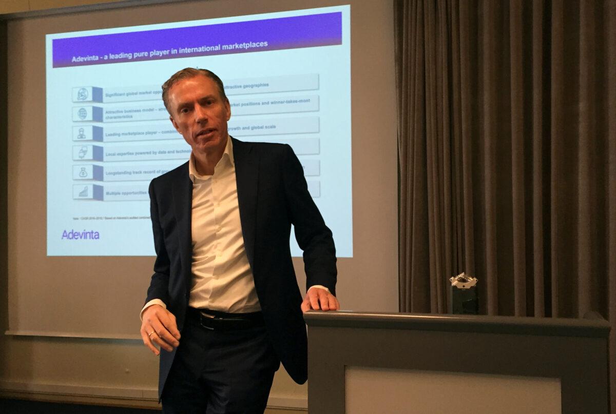 Adevinta CEO Rolv Erik Ryssdal speaks at the Oslo stock exchange in Oslo, Norway, on April 10, 2019. (Nerijus Adomaitis/ Reuters)
