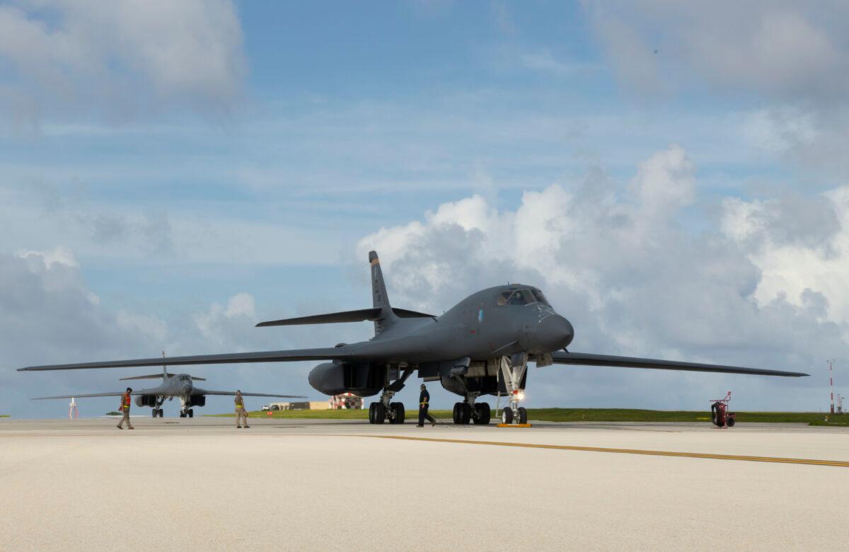 Two B-1B Lancers, assigned to the 28th Bomb Wing, Ellsworth Air Force Base, S.D., arrive at Andersen Air Force Base, Guam, as part of a Bomber Task Force deployment, July 17, 2020. (U.S. Air Force Photo by Airman 1st Class Christina Bennett)