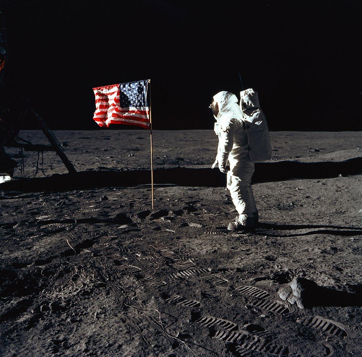 Edwin "Buzz" Aldrin poses for a photograph beside the United States flag on the lunar surface. (NASA)