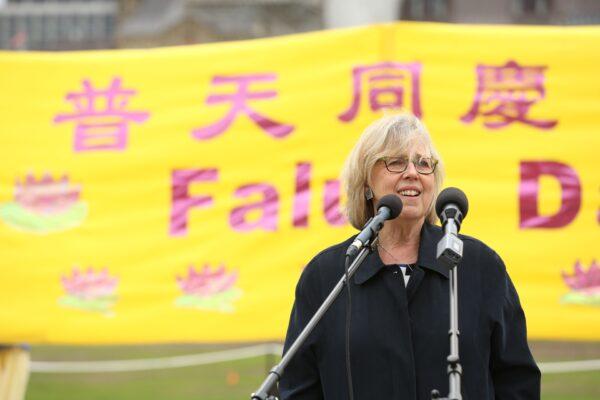 Green Party MP Elizabeth May speaks at a celebration on Parliament Hill marking the 25th anniversary of Falun Gong, May 9, 2017. (Evan Ning/Epoch Times)