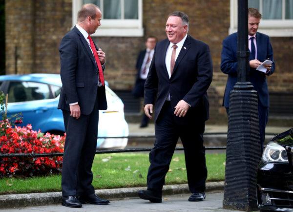 U.S. Secretary of State Mike Pompeo (C) arrives at Downing Street in London, England, on July 21, 2020. (Hannah McKay/WPA Pool/Getty Images)
