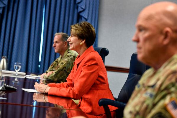 Secretary of the Air Force Barbara Barrett (C), Chief of Staff of the Air Force Gen. David Goldfein (L), and Chief of Space Operations Gen. John Raymond attend a video conference at the Pentagon with members of the Atlantic Council think tank to discuss the rollout of the Arctic strategy, in Arlington, Va., on July 21, 2020. (U.S. Air Force photo by Eric Dietrich)