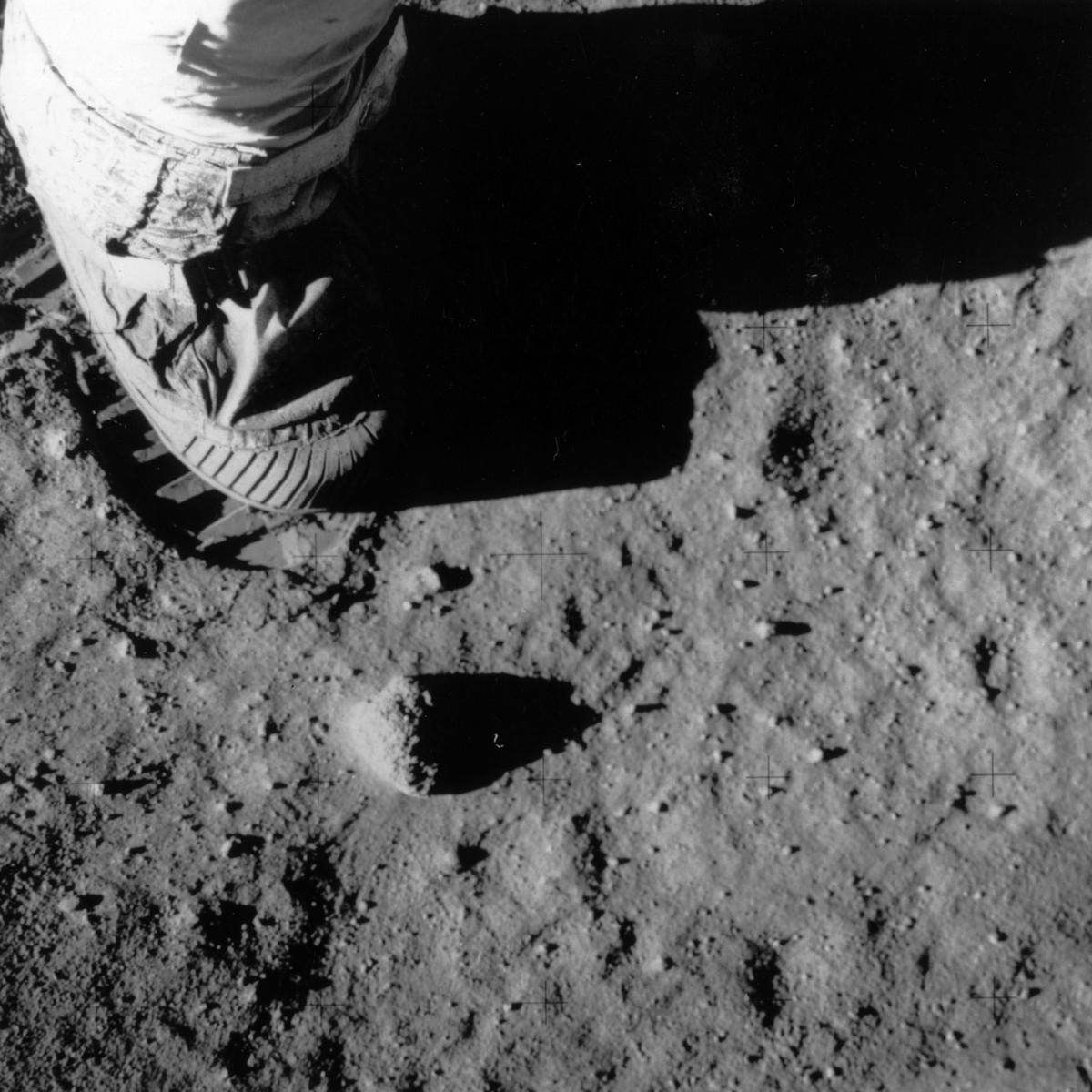 Part of Buzz Aldrin's leg, foot, and footprint on the surface of the Moon during the Apollo 11 lunar mission. (Keystone/Getty Images)