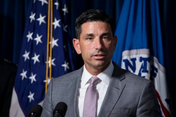 Secretary of Homeland Security Chad Wolf speaks during a press conference on the actions taken by Customs and Border Protection and Homeland Security agents in Portland during continued protests at the US Customs and Border Patrol headquarters in Washington, on July 21, 2020. (Samuel Corum/Getty Images)