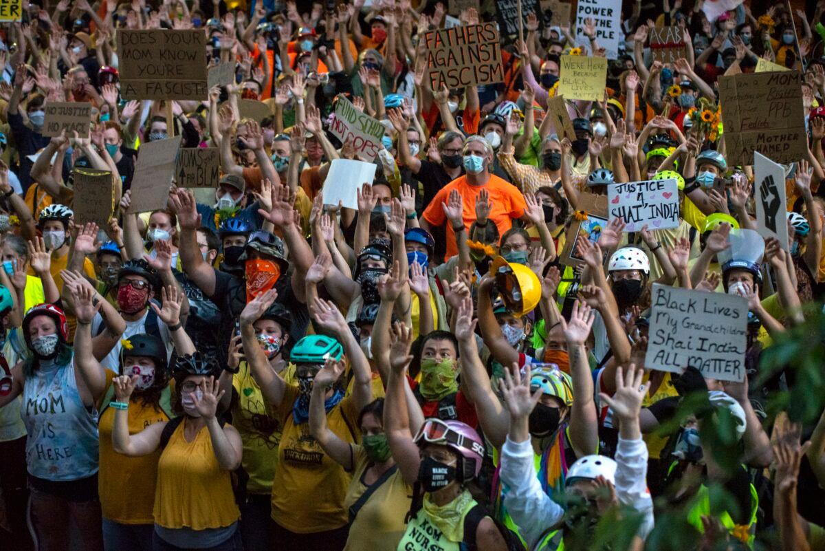 Demonstrators gather in front of the Multnomah County Justice Center in Portland, Ore., on July 20, 2020. (Nathan Howard/Getty Images)