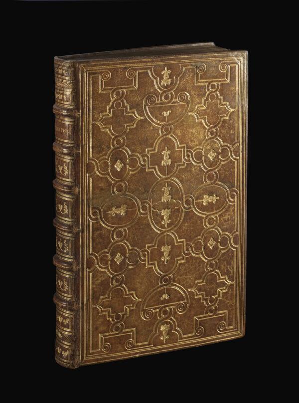 The spine and front cover of Francesco Colonna’s “Hypnerotomachia Poliphili,” 1499. (Collection of Jean Bonna)