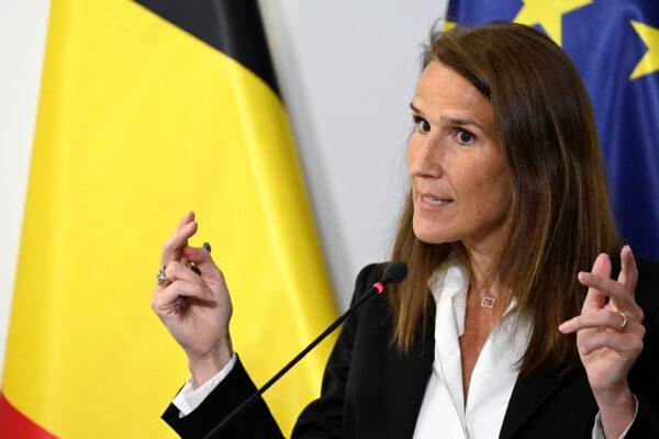 Belgium's Minister of Foreign Affairs Sophie Wilmes holds a news conference after a meeting of the National Security Council amid the COVID-19 outbreak in Brussels, Belgium, on July 23, 2020. (Dirk Waem/Pool via Reuters)