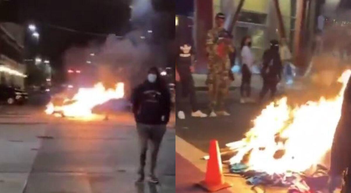 Rioters in Seattle set a fire with items they looted from nearby businesses, early July 23, 2020. (Katie Daviscourt via The Epoch Times)