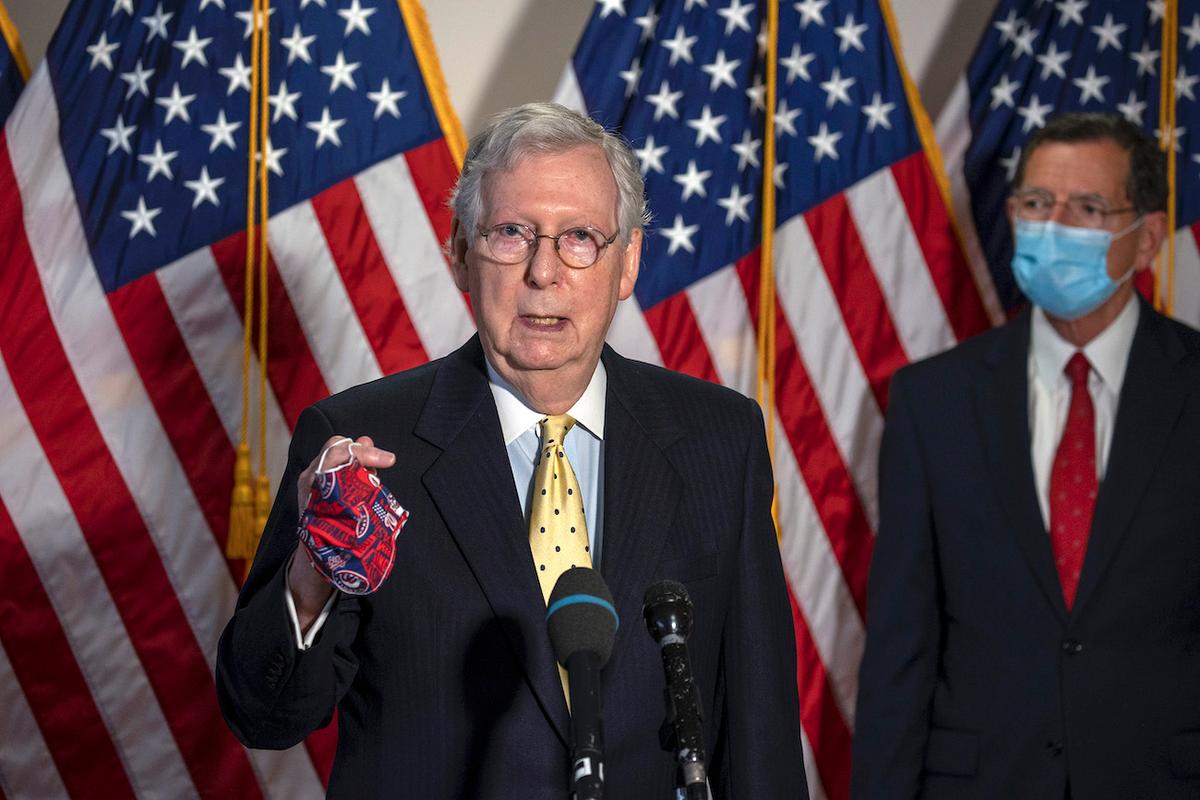 Senate Majority Leader Mitch McConnell (R-Ky.) speaks to the media after weekly policy luncheons on Capitol Hill in Washington on July 21, 2020. (Tasos Katopodis/Getty Images)