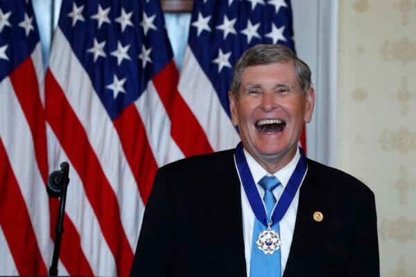 Jim Ryun reacts after President Donald Trump presented the Presidential Medal of Freedom to Ryun, in the Blue Room of the White House in Washington, on July 24, 2020. (Alex Brandon/AP)