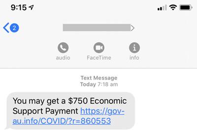 Fake COVID-19 financial support payment text message. (ACCC)