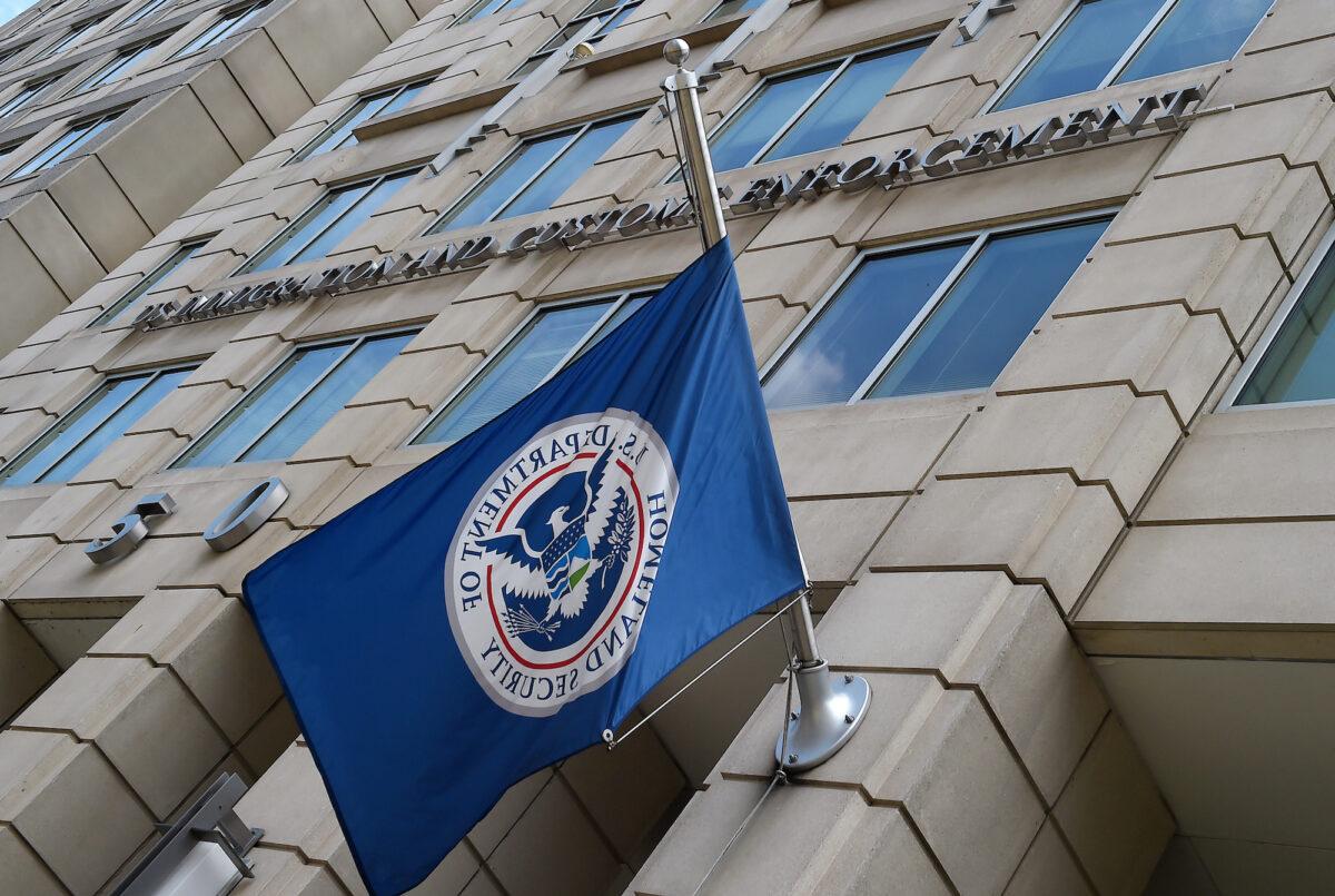The Department of Homeland Security flag flies outside the Immigration and Customs Enforcement (ICE) headquarters in Washington, on July 17, 2020. (Olivier Douliery/AFP/Getty Images)